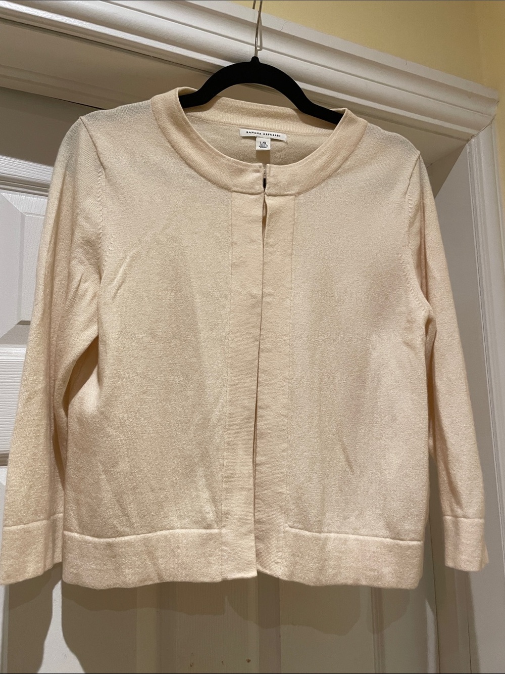 Banana Republic Cream Collarless Wool Cotton knit Jacket Sz L Minimalist Old Mo